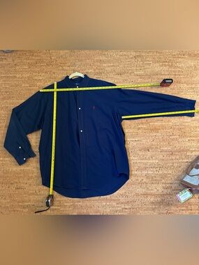 Ralph Lauren Navy Blue Button-Down Dress Shirt with Red Polo Logo